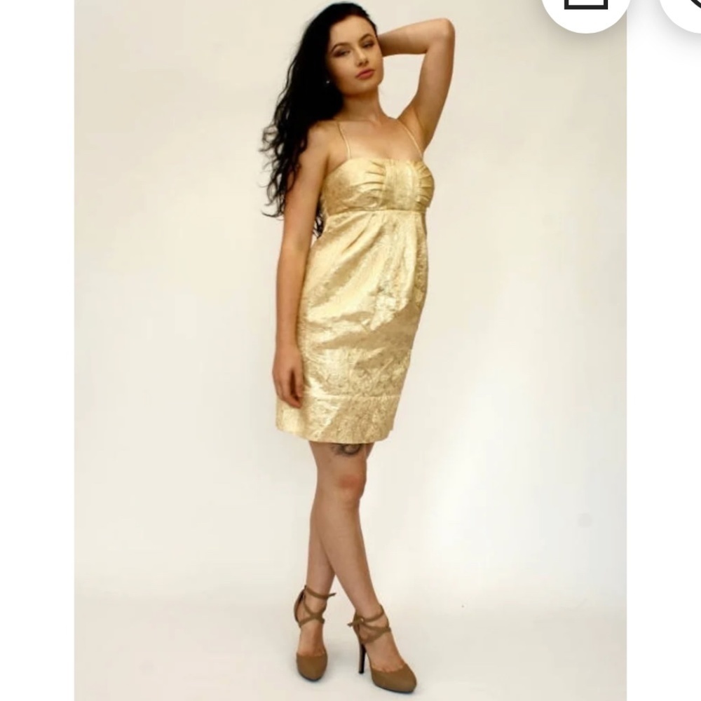 BCBG Paris Gold Lamé Cocktail Dress Mini Length Open Back Embroidered Size 4